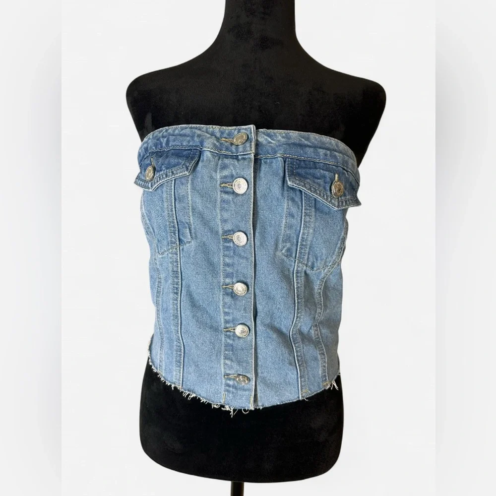Vintage-Inspired Strapless Denim Corset Top - Size L - SHEIN - Picture 3 of 5